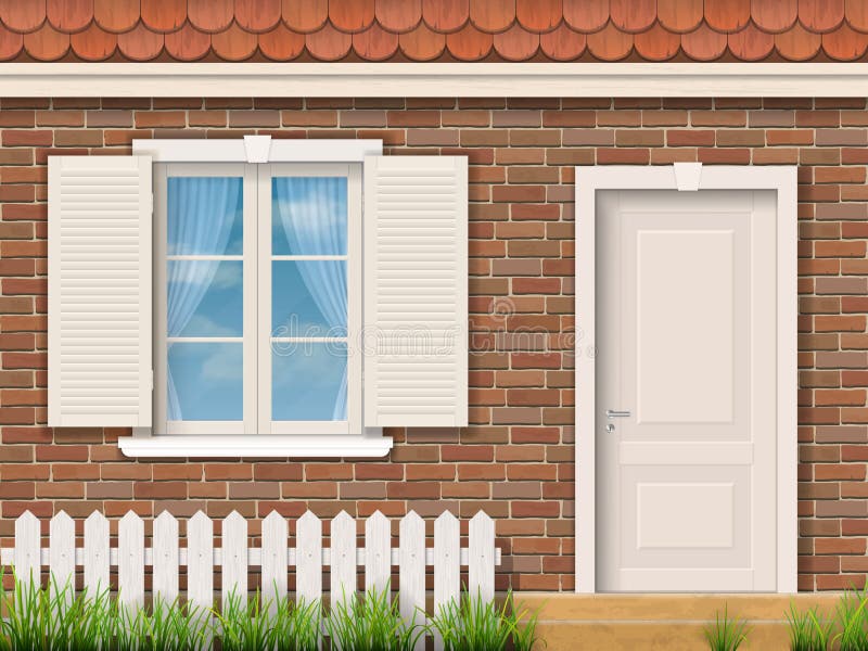 Brick facade of the old building with a white window and a door. Red tile roof. Front garden near entrance of the house. Vector detailed illustration. Brick facade of the old building with a white window and a door. Red tile roof. Front garden near entrance of the house. Vector detailed illustration.