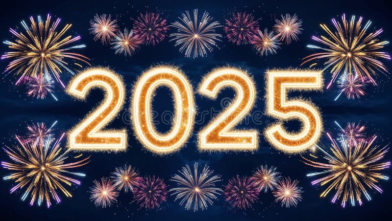 фейерверки взрываются за ярким номером 2025 года накануне новых лет иллюстрация вектора