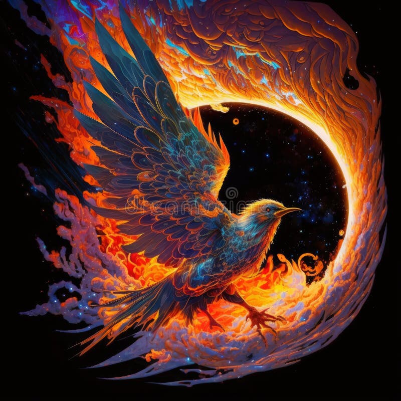 This stock illustration features a majestic phoenix with flaming wings descending towards Earth from the depths of space. The fiery bird is a symbol of rebirth, renewal, and transformation, and it represents the power of overcoming adversity and rising from the ashes. This stock illustration features a majestic phoenix with flaming wings descending towards Earth from the depths of space. The fiery bird is a symbol of rebirth, renewal, and transformation, and it represents the power of overcoming adversity and rising from the ashes