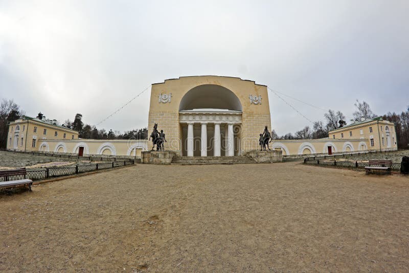 Historical park Vlakhernskoe-Kuzminki in south-eastern part of Moscow, formerly the estate of prince Golitsyns family. The horse farm, built by architect Domenico Gilardi in 1820. Fish-eye lens. Historical park Vlakhernskoe-Kuzminki in south-eastern part of Moscow, formerly the estate of prince Golitsyns family. The horse farm, built by architect Domenico Gilardi in 1820. Fish-eye lens.