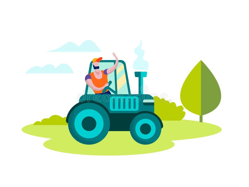 Man Farmer Driving Tractor on Nature Landscape Isolated on White Background, Character Siting in Agrimotor Cabin Waving Hand, Agriculture Driver Profession, Farming. Cartoon Flat Vector Illustration. Man Farmer Driving Tractor on Nature Landscape Isolated on White Background, Character Siting in Agrimotor Cabin Waving Hand, Agriculture Driver Profession, Farming. Cartoon Flat Vector Illustration
