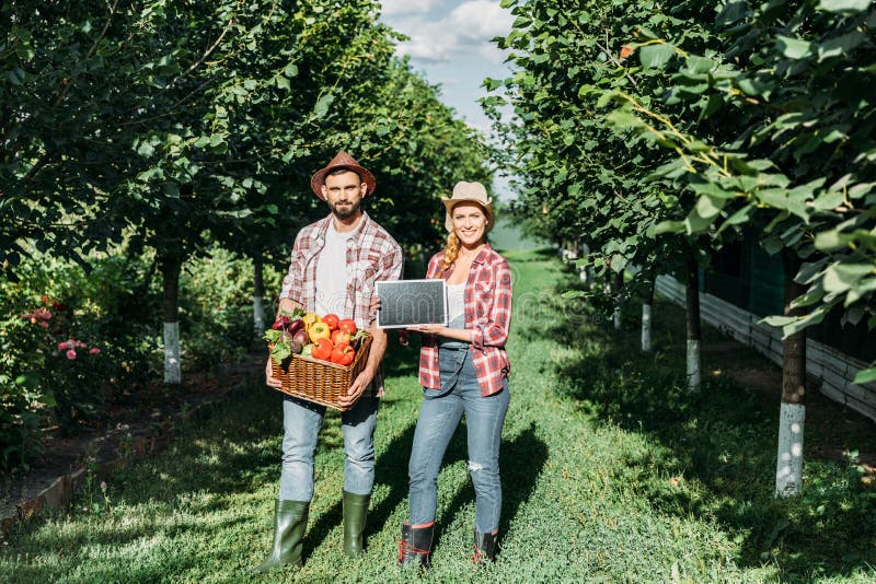 Farmers holding fresh organic vegetables in basket and blank chalkboard while smiling at camera. Farmers holding fresh organic vegetables in basket and blank chalkboard while smiling at camera