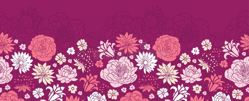 Фиолетовый розовый цветок silhouettes горизонтальная безшовная граница предпосылки картины иллюстрация вектора