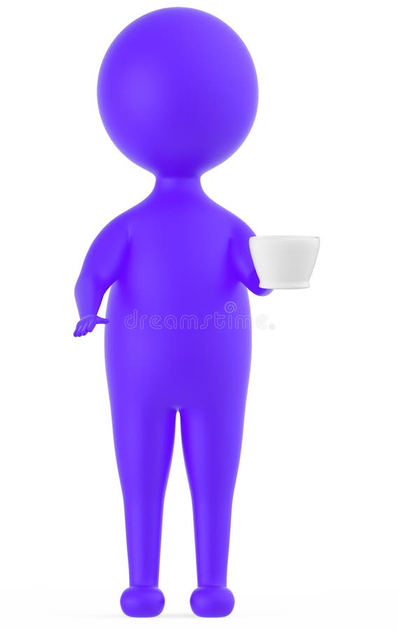 фиолетовый характер 3d стоя и держа чашка чая перевода coffe -3d его рукой иллюстрация штока