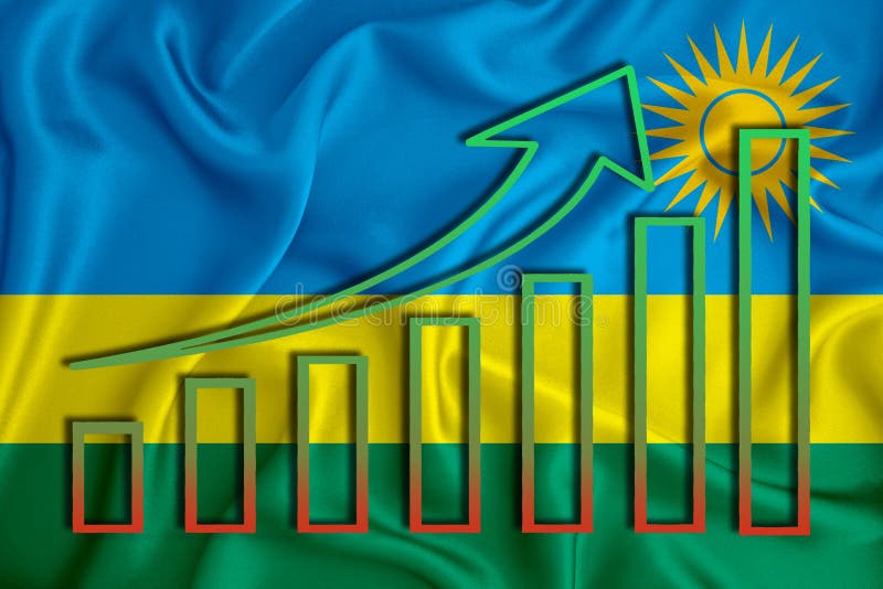Флаг Руанды с повышением цен для национальной валюты. Рост цен на акции компаний и cryptocurrencie иллюстрация штока