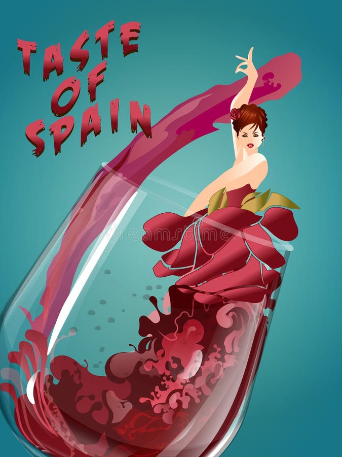Flamenco. Taste of Spain. Sexy DANCING flamenco lady. Spanish red wine glass on blue background. Vector Flyer for your design, prints, your business. Flamenco. Taste of Spain. Sexy DANCING flamenco lady. Spanish red wine glass on blue background. Vector Flyer for your design, prints, your business