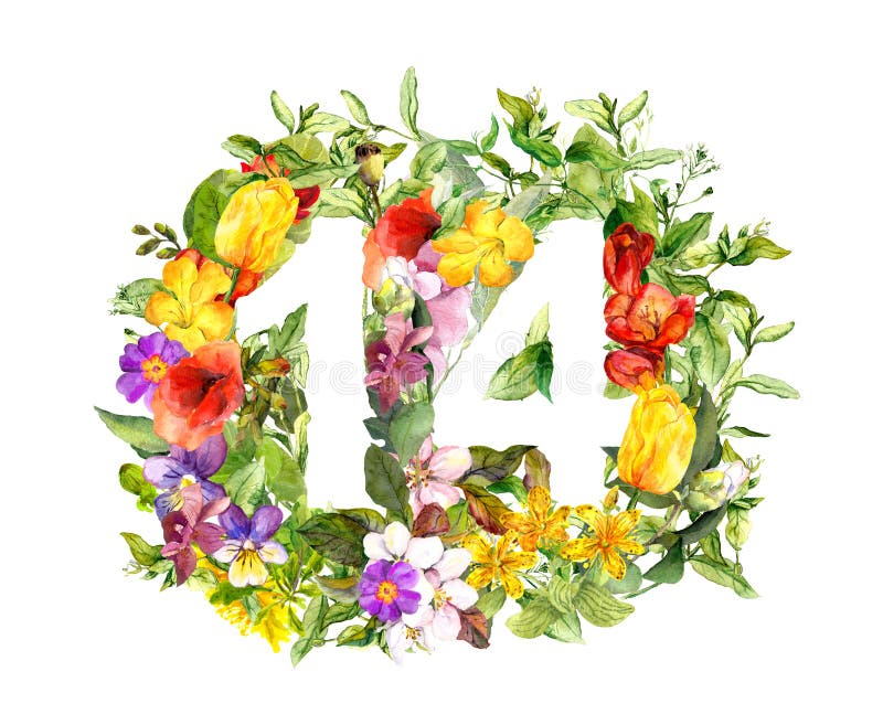 Floral number - 14 fourteen from flowers. Watercolor. Floral number - 14 fourteen from flowers. Watercolor