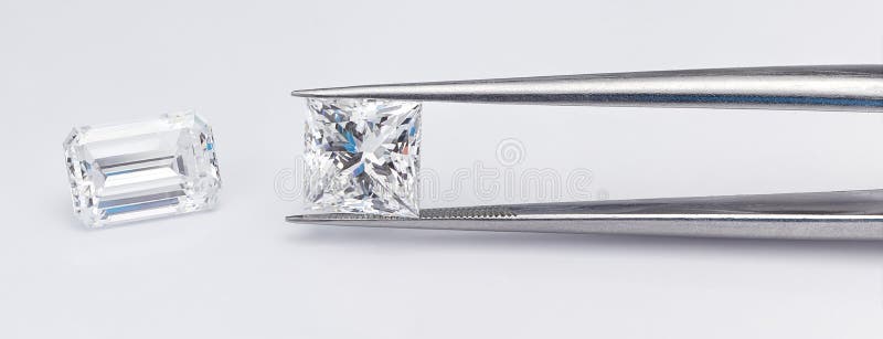 Wide banner featuring two diamond shapes, Emerald cut and Princess cut with tweezers on light grey background. Wide banner featuring two diamond shapes, Emerald cut and Princess cut with tweezers on light grey background.