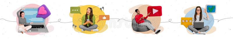 фото-комиксы счастливых улыбающихся женщин, просматривающих инстаграм твиттер Youtube facebook изолированный фон рисования стоковое фото
