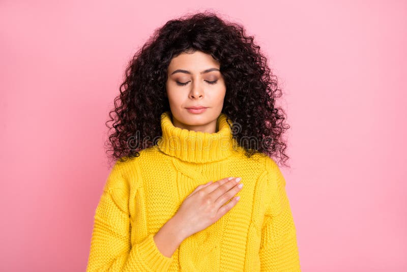 Photo of young attractive latin girl hand on chest calm peaceful isolated over pink color background. Photo of young attractive latin girl hand on chest calm peaceful isolated over pink color background.