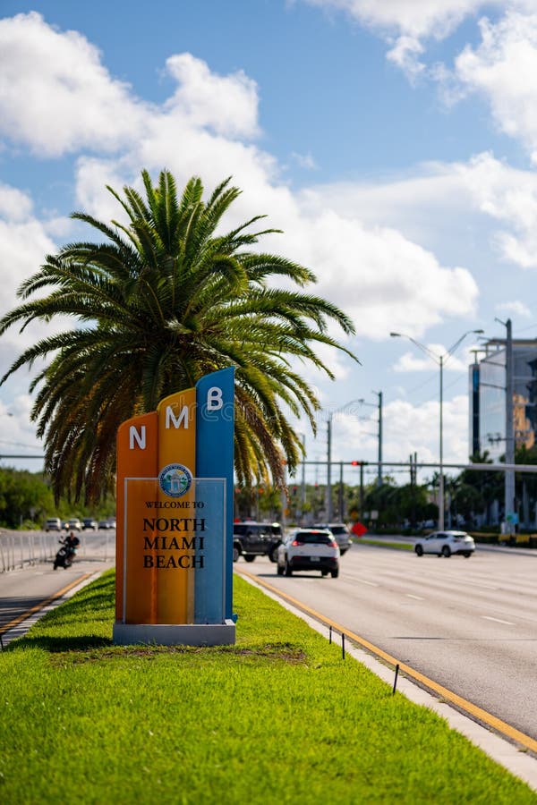 Photo of Welcome to North Miami Beach sign 163rd Street colorful scene. Photo of Welcome to North Miami Beach sign 163rd Street colorful scene