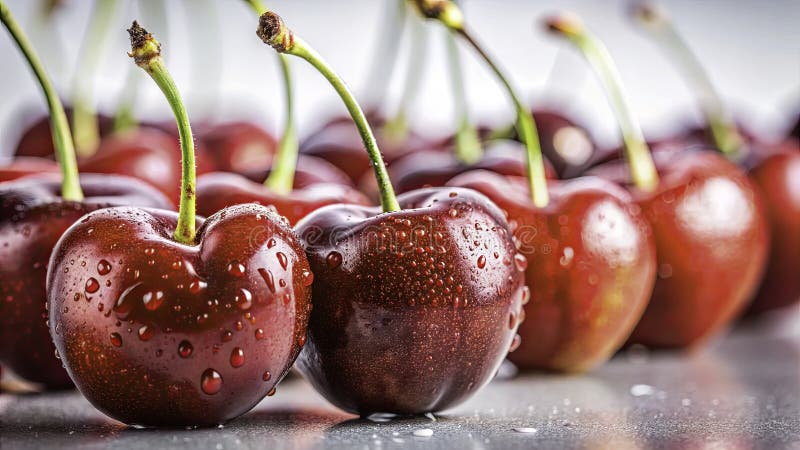 Фотография вишни CloseUp, сделанная в яркой студии Stillife, с глянцевой текстурой красных фруктов и подсветкой HighKey для бесплатная иллюстрация