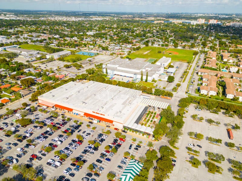 Miami, FL, USA - December 29, 2022: Aerial drone photo of Home Depot north Miami Beach 163rd Street. Miami, FL, USA - December 29, 2022: Aerial drone photo of Home Depot north Miami Beach 163rd Street