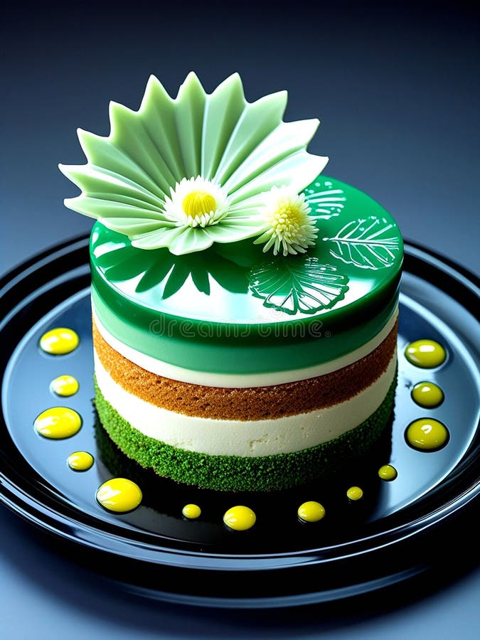 Фотография еды Matcha Opera Cake на черной стеклянной таре бесплатная иллюстрация