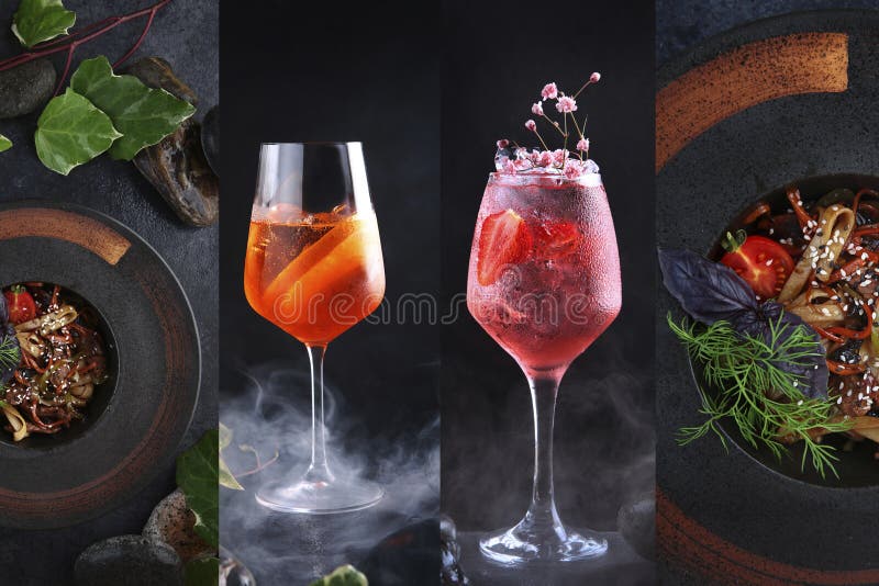 фотоколлаж с алкогольными коктейлями и блюдом с лапшой и бокалами с розовыми коктейлями. лапша стоковое изображение