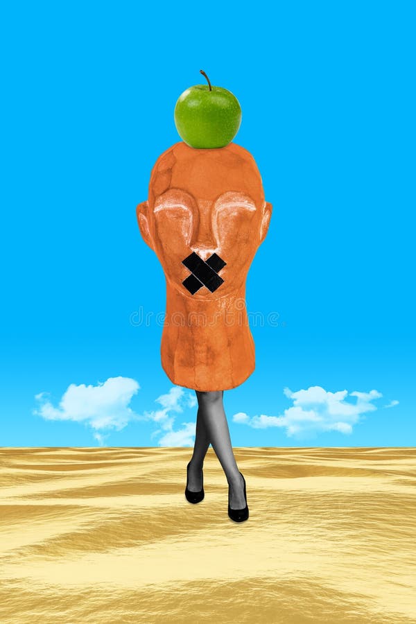 Composite sketch image artwork photo collage of bodyless incognito person stand legs desert wear huge statue head apple fruit balance. Composite sketch image artwork photo collage of bodyless incognito person stand legs desert wear huge statue head apple fruit balance.