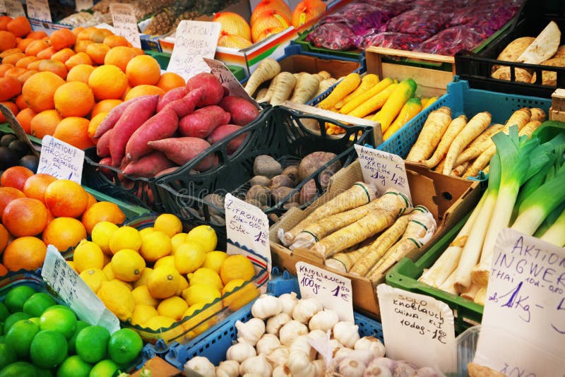 Fruits and vegetables at a market stall. Fruits and vegetables at a market stall