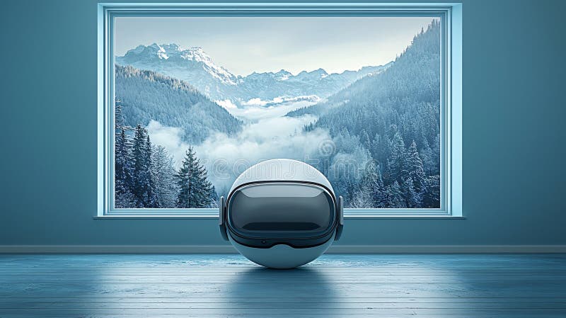 Футуристическая VR-гарнитура с потрясающим видом на зимнюю гору из окна AI. бесплатная иллюстрация