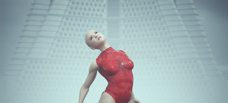 футуристическая женщина sci fi мучает позу в красном костюме инопланетного ландшафта туман заброшенной бруталистской архитектуры иллюстрация штока