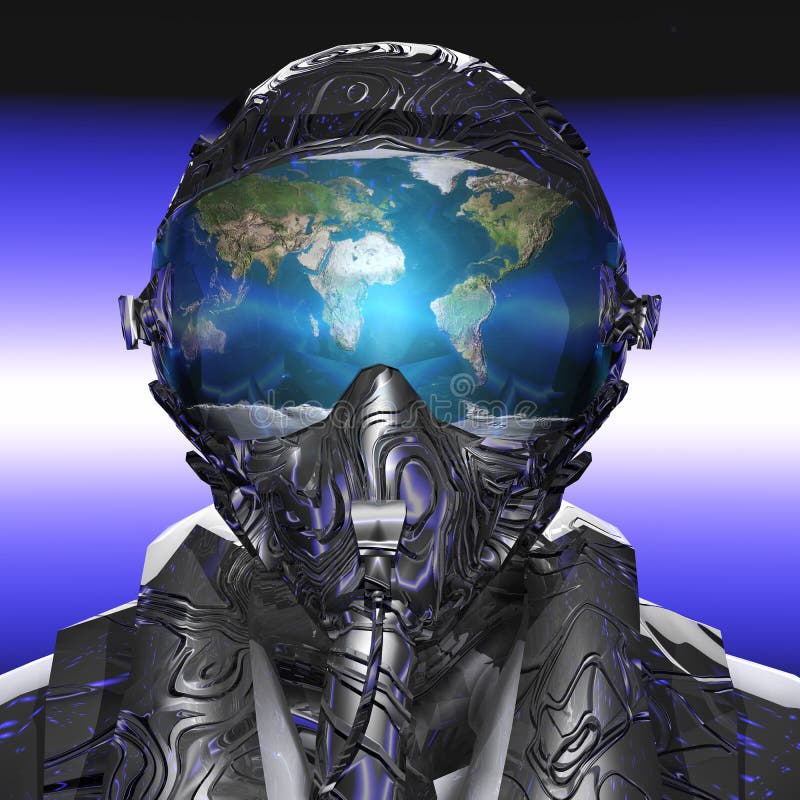 Head and shoulders of a metallic 3d rendered pilot with the image of planet earth reflected on the glass helmet shield. Head and shoulders of a metallic 3d rendered pilot with the image of planet earth reflected on the glass helmet shield.