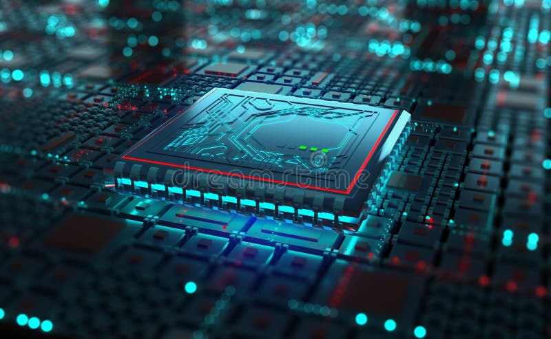 Футуристическая иллюстрацией 3d процессора Cpu.. Квантовый компьютер мировая цифровая сеть иллюстрация вектора