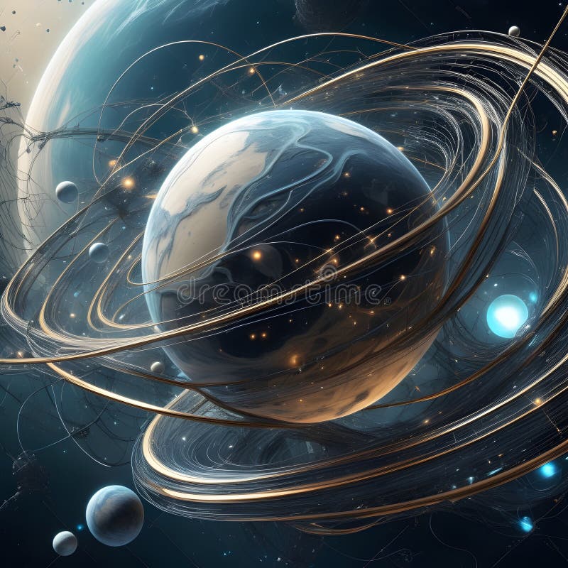 This image depicts a visually stunning cosmic scene set in a fictional multiverse. At the center, a large planet with intricate surface details and a dynamic, swirling atmosphere dominates the view. Surrounding it are multiple rings and arcs, similar to Saturn&#x27;s but far more complex and luminous. These rings are intertwined with glowing lines and smaller satellite planets, creating a sense of depth and interconnectedness. The background features a star-filled sky and distant celestial bodies, enhancing the scene&#x27;s otherworldly and expansive feel. AI generated. This image depicts a visually stunning cosmic scene set in a fictional multiverse. At the center, a large planet with intricate surface details and a dynamic, swirling atmosphere dominates the view. Surrounding it are multiple rings and arcs, similar to Saturn&#x27;s but far more complex and luminous. These rings are intertwined with glowing lines and smaller satellite planets, creating a sense of depth and interconnectedness. The background features a star-filled sky and distant celestial bodies, enhancing the scene&#x27;s otherworldly and expansive feel. AI generated