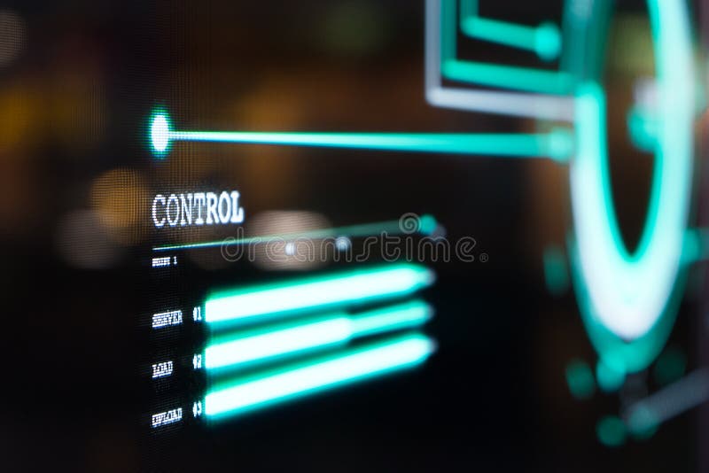 Футуристическая прозрачная панель экрана OLED свет голубой свет пикселей и состояние отображения элементов управления веб-частей стоковая фотография rf