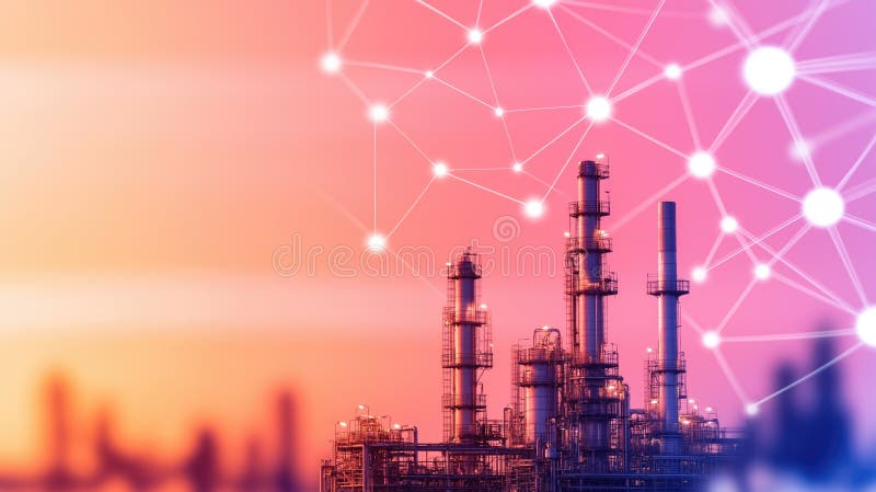 Футуристическая промышленная станция с сетевой технологией наложения на закате стоковая фотография rf