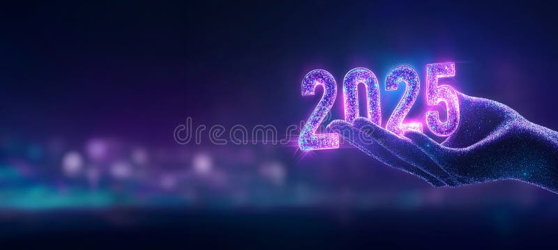футуристическая рука с искрой 2025 года в неоновом свечении. иллюстрация вектора