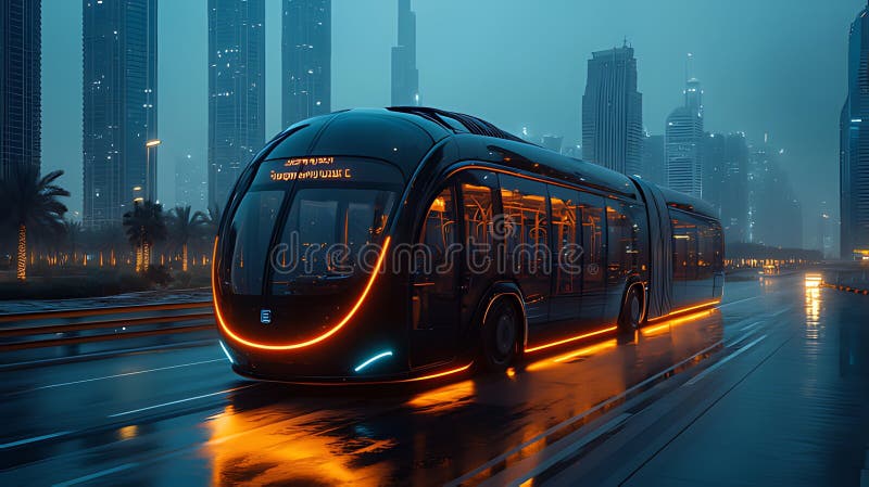 Футуристический автобус прогоняет ночной дождь иллюстрация штока