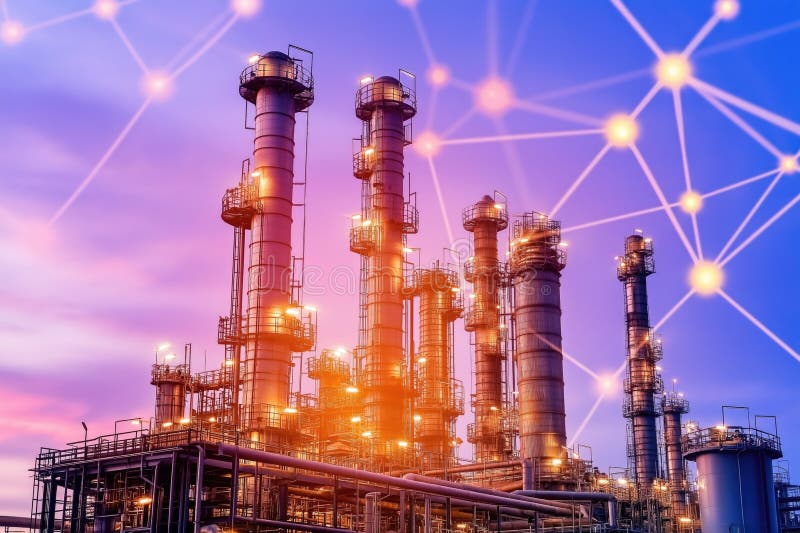 Футуристический завод по переработке нефти на закате с наложением цифровой сети стоковая фотография