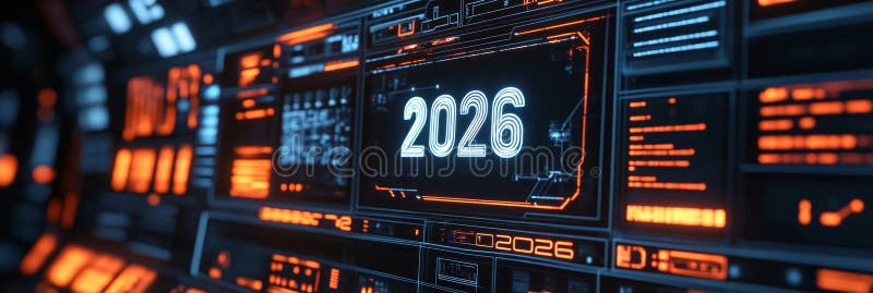 футуристический интерфейс с цифровым дисплеем, показывающим 2026 год в оранжево-синем цвете иллюстрация вектора