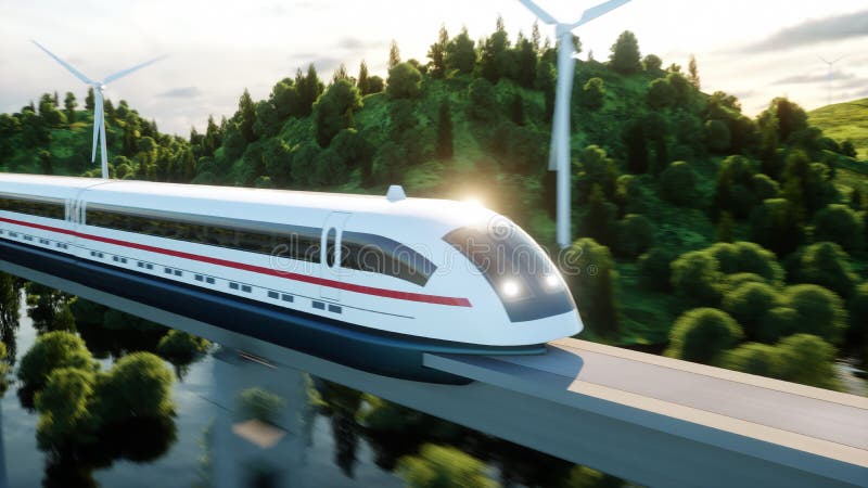 Футуристический, современный поезд Maglev проходя на mono рельс Экологическая будущая концепция Воздушный взгляд природы перевод иллюстрация вектора Футуристический, современный поезд Maglev проходя на mono рельс Экологическая будущая концепция Воздушный взгляд природы перевод иллюстрация вектора