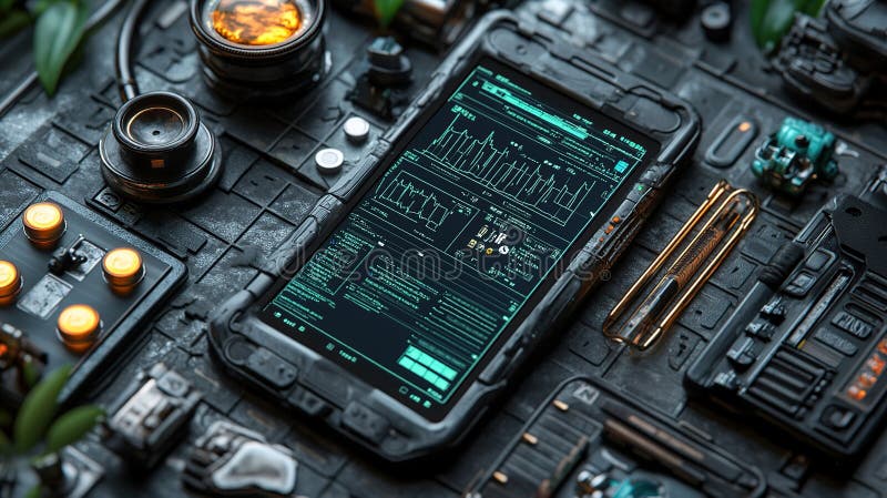 Футуристический телефон отображает фоновые листья данных иллюстрация штока