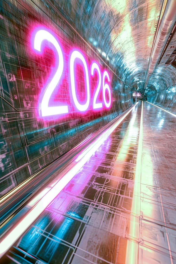 Футуристический туннель с ярким цифровым текстом, отображающим 2026 год и отражающим яркие световые узоры иллюстрация штока