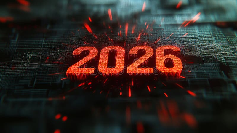 футуристический цифровой фон 2026 с ярким числом для нового года концепции технологии бесплатная иллюстрация