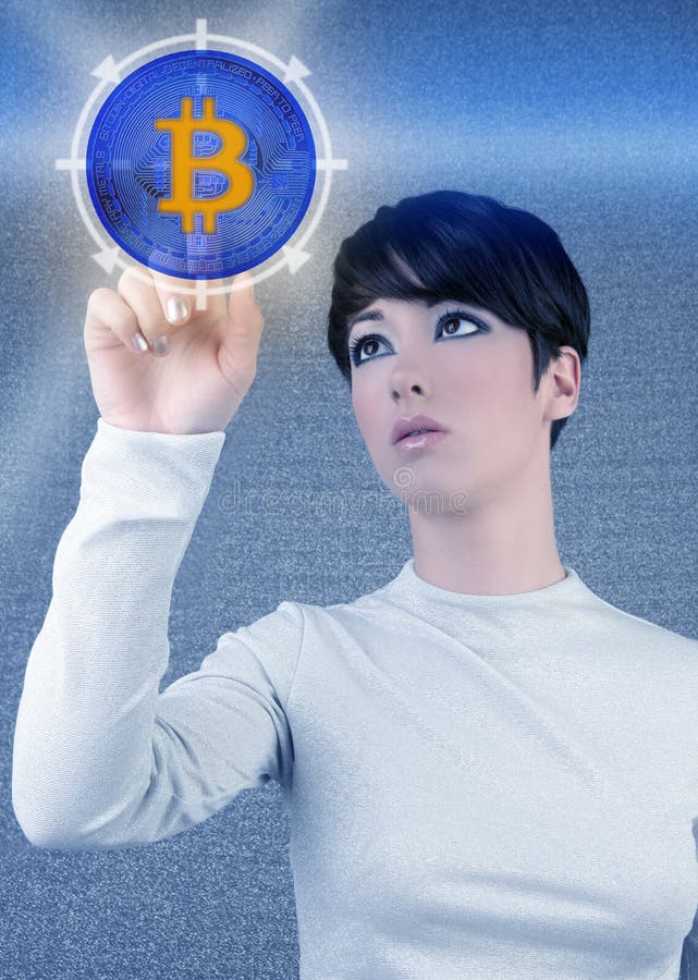 Футуристический экран касания женщины Bitcoin BTC стоковая фотография Футуристический экран касания женщины Bitcoin BTC стоковая фотография