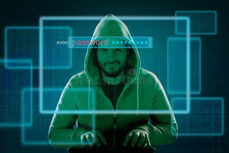 Хакер на компьютере прорезывает брандмауэр и узнает пароль иллюстрация штока Хакер на компьютере прорезывает брандмауэр и узнает пароль иллюстрация штока