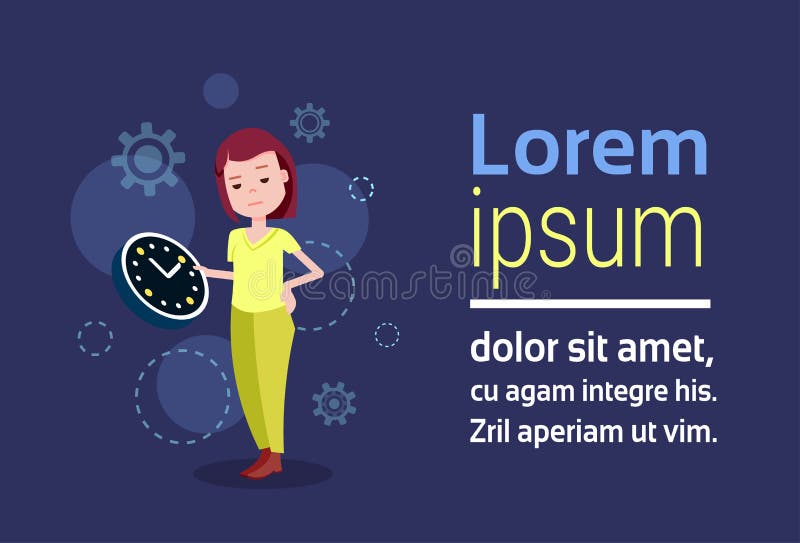 Характер женщины держа шаблон настенных часов для проектной работы или анимации над горизонтальной голубой предпосылки полнометра иллюстрация вектора Характер женщины держа шаблон настенных часов для проектной работы или анимации над горизонтальной голубой предпосылки полнометра иллюстрация вектора