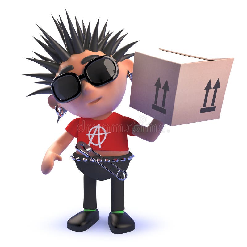 Характер панк-рокера мультфильма порочный в 3d поставляя картонную коробку иллюстрация штока Характер панк-рокера мультфильма порочный в 3d поставляя картонную коробку иллюстрация штока