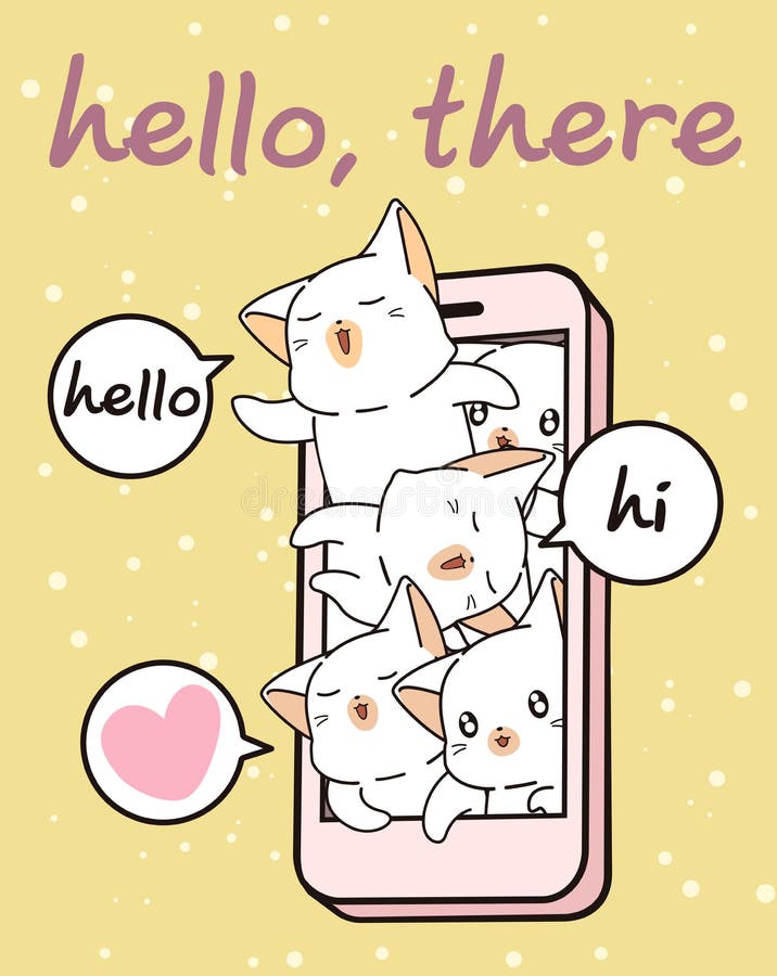 Характеры кота Kawaii в мобильном телефоне иллюстрация штока Характеры кота Kawaii в мобильном телефоне иллюстрация штока