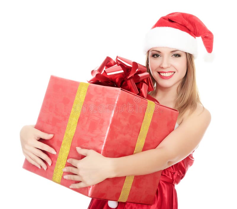 хелпер santa девушки подарка большой коробки жизнерадостный стоковое фото