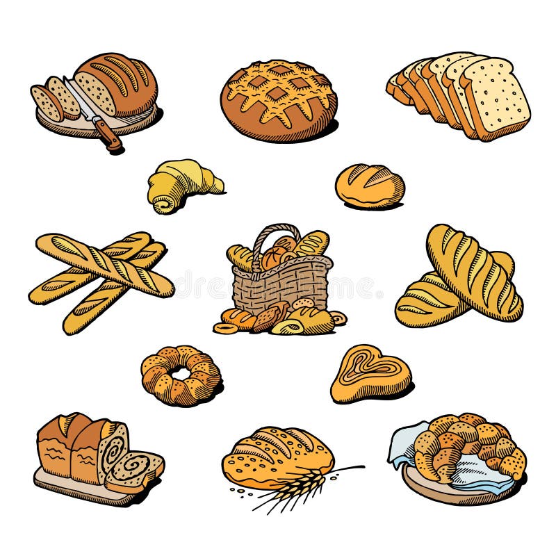 Хлебец или багет еды breadstuff выпечки пекарни и хлеба испеченные хлебопеком в иллюстрации набора bakehouse изолированной на бел иллюстрация штока