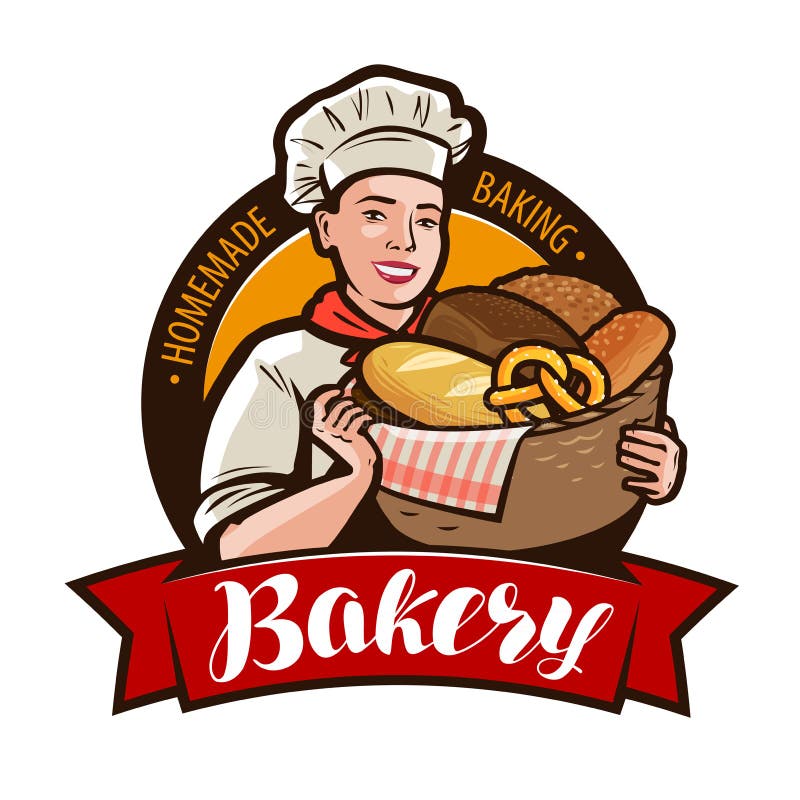 Хлебопекарня, логотип bakeshop или ярлык Хлебопек женщины держа плетеную корзину полный хлеба также вектор иллюстрации притяжки c иллюстрация вектора