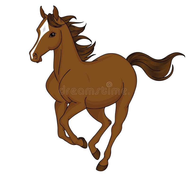 Cartoon illustration of a brown horse with a white mark on head running. Cartoon illustration of a brown horse with a white mark on head running.