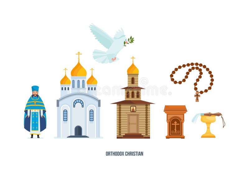 Христианский крест, церковь, часовня, голубь с ветвью, священником в сутане иллюстрация штока
