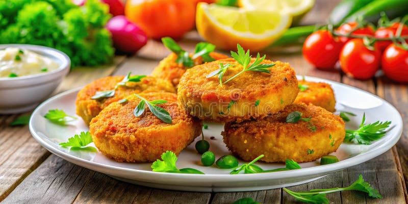 хрустящие золотые вегетарианские овощные котлеты вкусный и здоровый ночной праздник захватили в потрясающей студии бесплатная иллюстрация