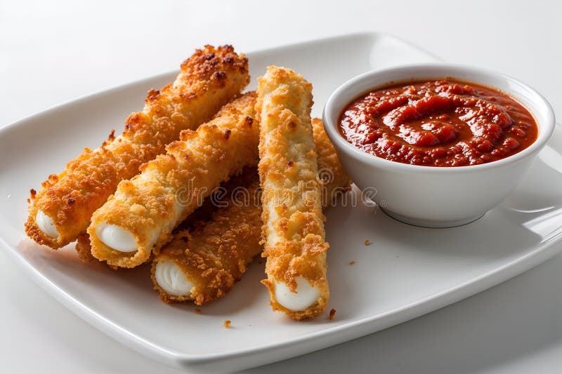 Хрустящие золотые палочки моцареллы подаются с миской вкусного соуса маринара иллюстрация штока