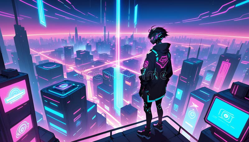 Художественная анимация Futuristic City Night : Неоновые световые и одиночные рисунки иллюстрация штока
