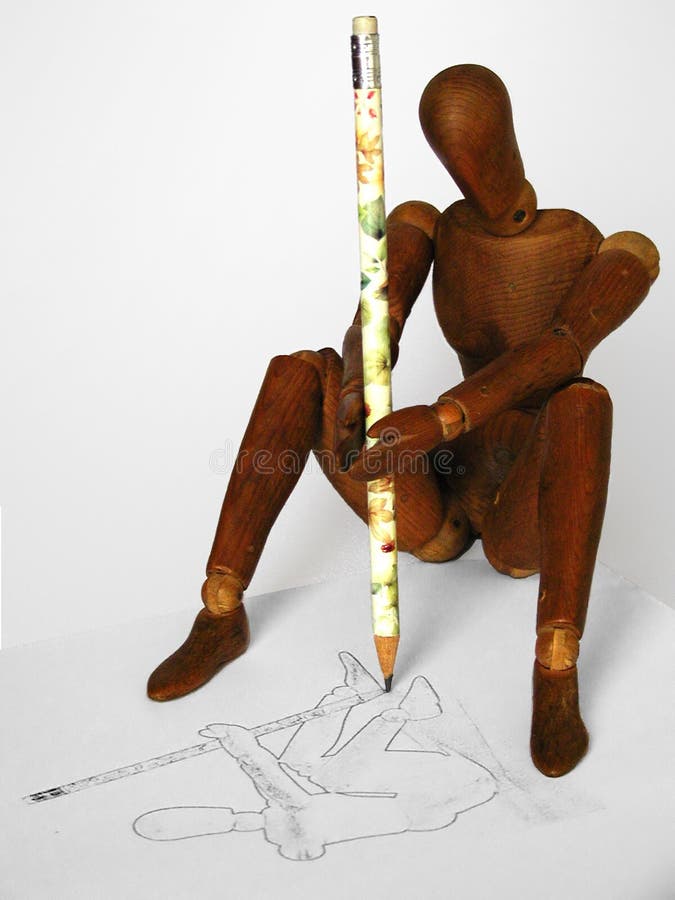 Wooden figure drawing self-portrait. Wooden figure drawing self-portrait